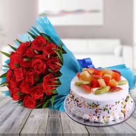Fruits Cake and Red Roses
